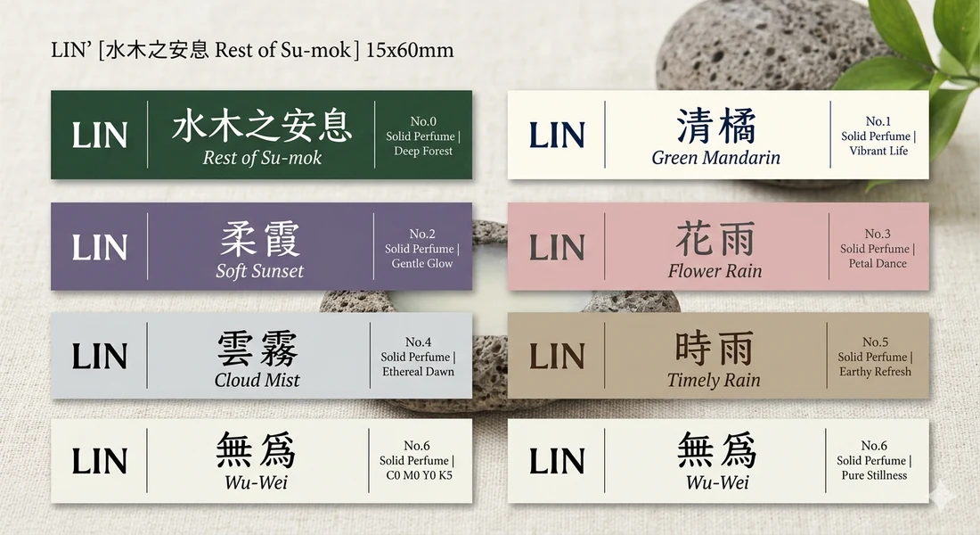 초기 콘셉트: 초록, 보라, 분홍, 회색 등 여러 색으로 구상한 라벨 디자인. 현재 판매 제품의 라벨이 아닙니다.