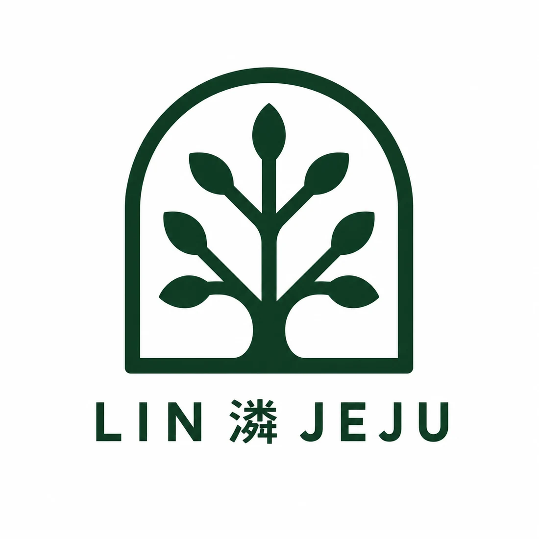 초기 콘셉트: 둥근 창 안에 잎이 뻗은 초록 나무와 LIN JEJU 글자.
